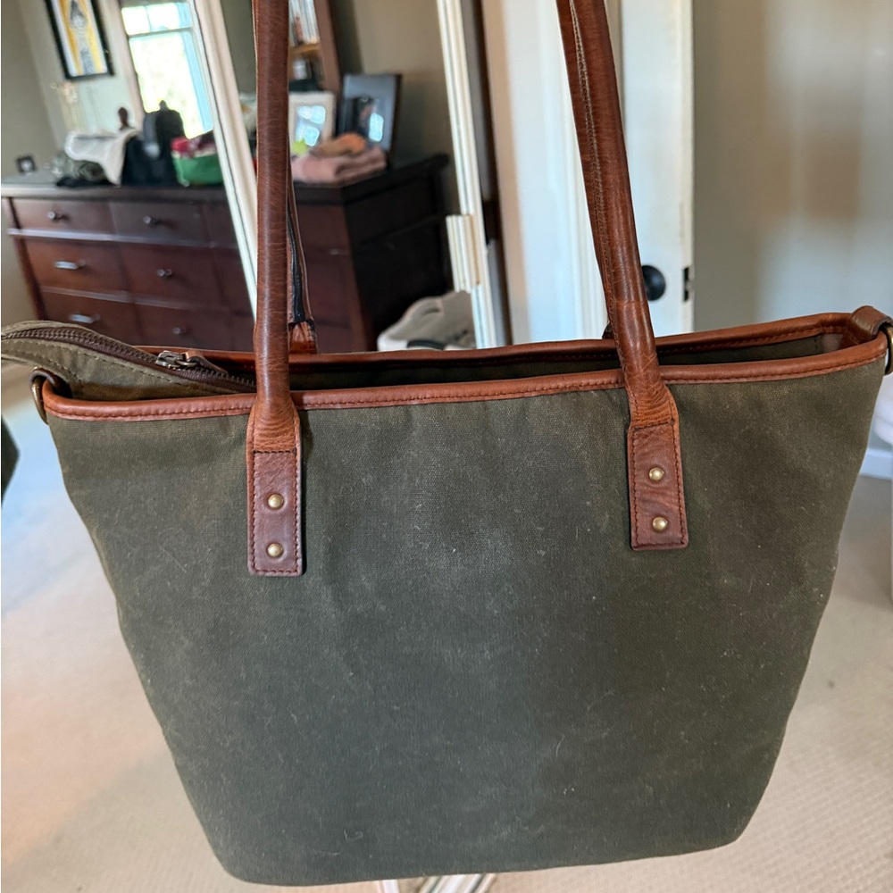 ONA Olive Green Canvas Tote Bag with Brown Leather Straps